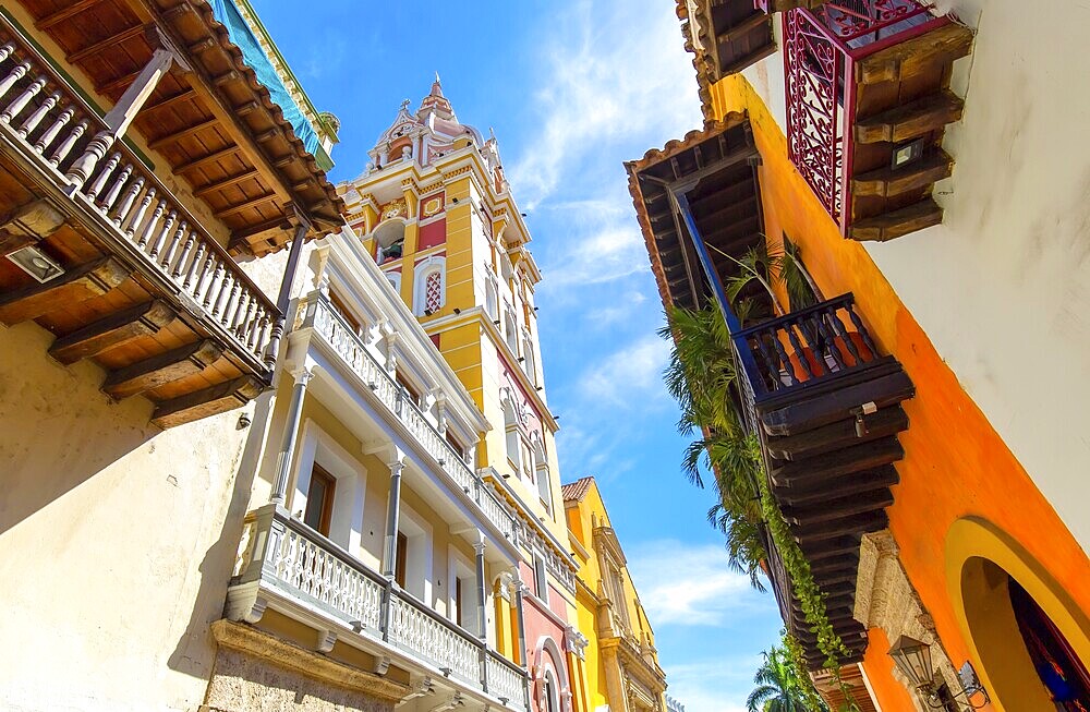 Famous colonial Cartagena Walled City, Cuidad Amurrallada, and its colorful buildings in historic city center, a designated UNESCO World Heritage Site