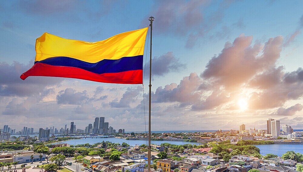 Colombia, scenic view of Cartagena cityscape, modern skyline, hotels and ocean bays Bocagrande and Bocachica from the lookout of Saint Philippe Castle, South America