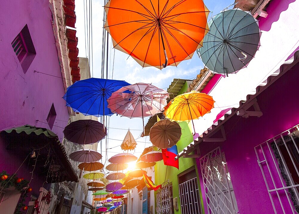 Colombia, Scenic colorful streets of Cartagena in historic Getsemani district near Walled City, Ciudad Amurallada, South America