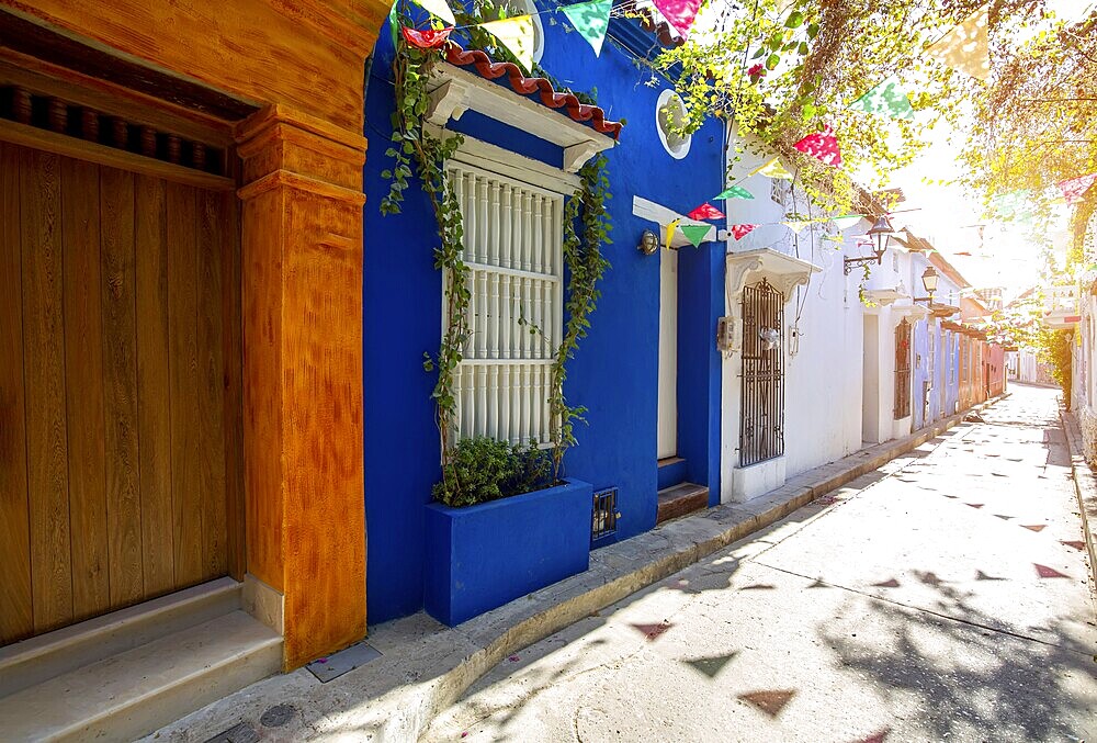 Scenic colorful streets of Cartagena in historic Getsemani district near Walled City, Ciudad Amurallada