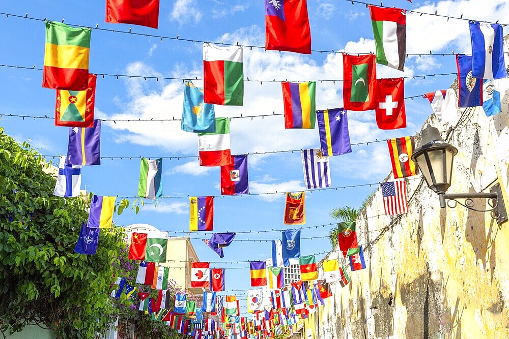 Scenic colorful streets of Cartagena in historic Getsemani district near Walled City, Ciudad Amurallada