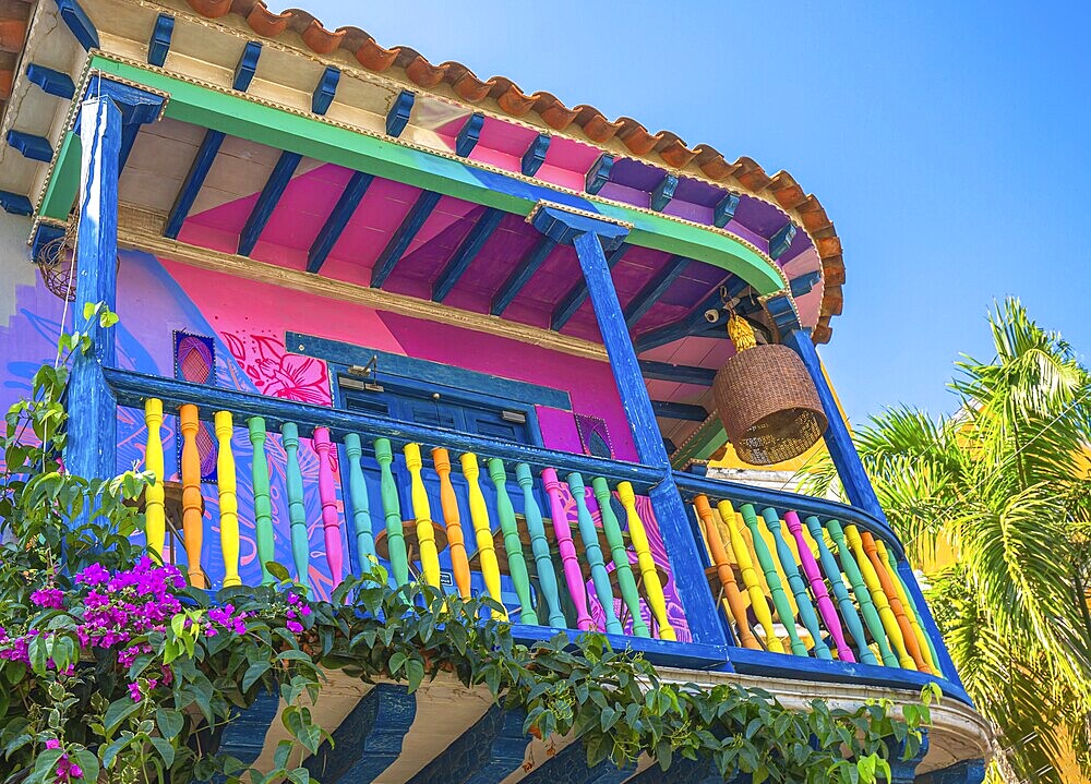 Colombia – 18 February, 2020: Scenic colorful streets of Cartagena in historic Getsemani district near Walled City