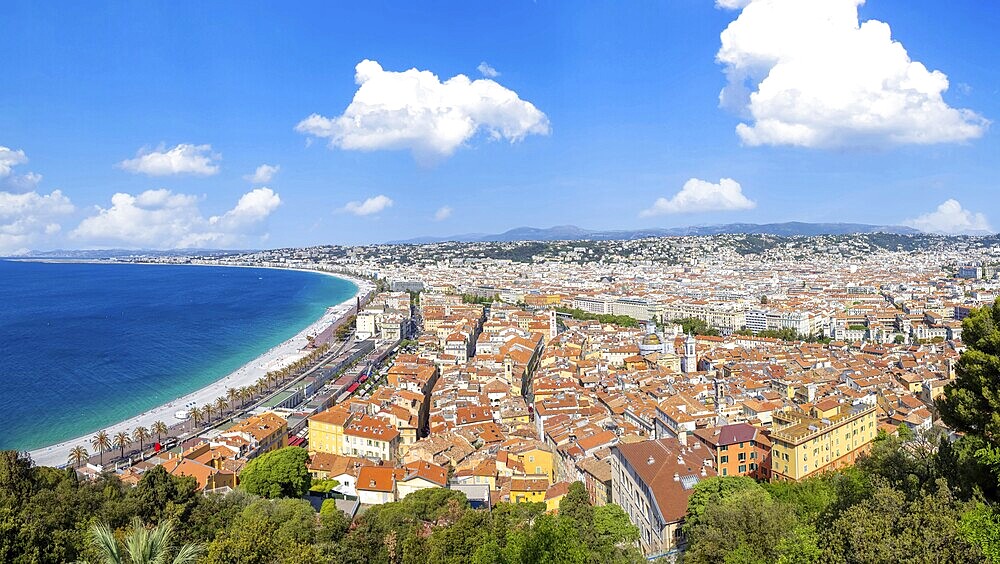 France, panoramic skyline of old historic Nice center and azure beaches along Promenade des Anglais, Europe