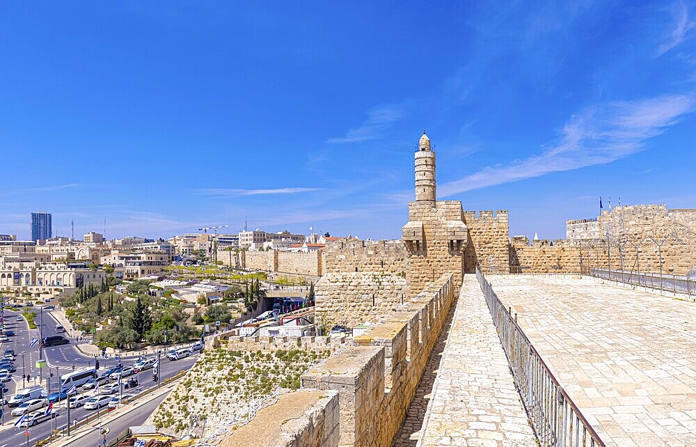 Jerusalem, Israel, scenic ramparts walk over walls of Old City with panoramic skyline views, Asia