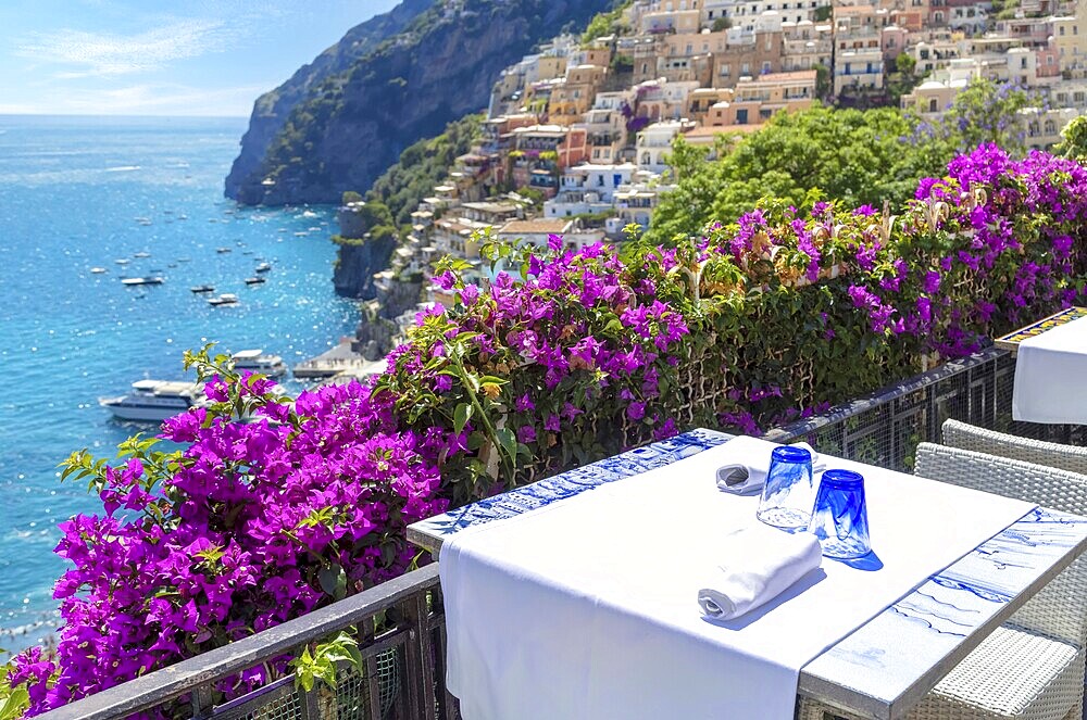 Scenic views of Positano Italian colorful architecture and landscapes on Amalfi Coast in Italy