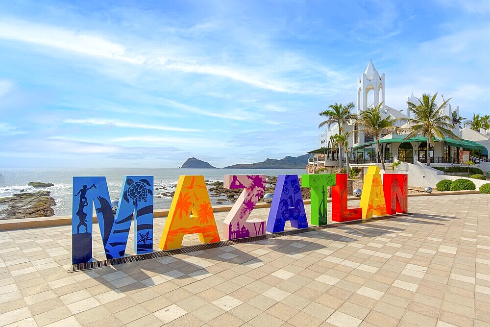 Mazatlan, Mexico-10 March, 2020: Big Mazatlan Letters at the entrance to Golden Zone (Zona Dorada), a famous touristic beach and resort zone in Mexico