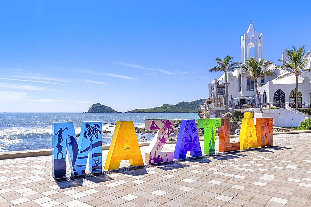 Mazatlan, Mexico, 10 September, 2021: Big Mazatlan Letters at the entrance to Golden Zone (Zona Dorada), a famous touristic beach and resort zone in Mexico, Central America