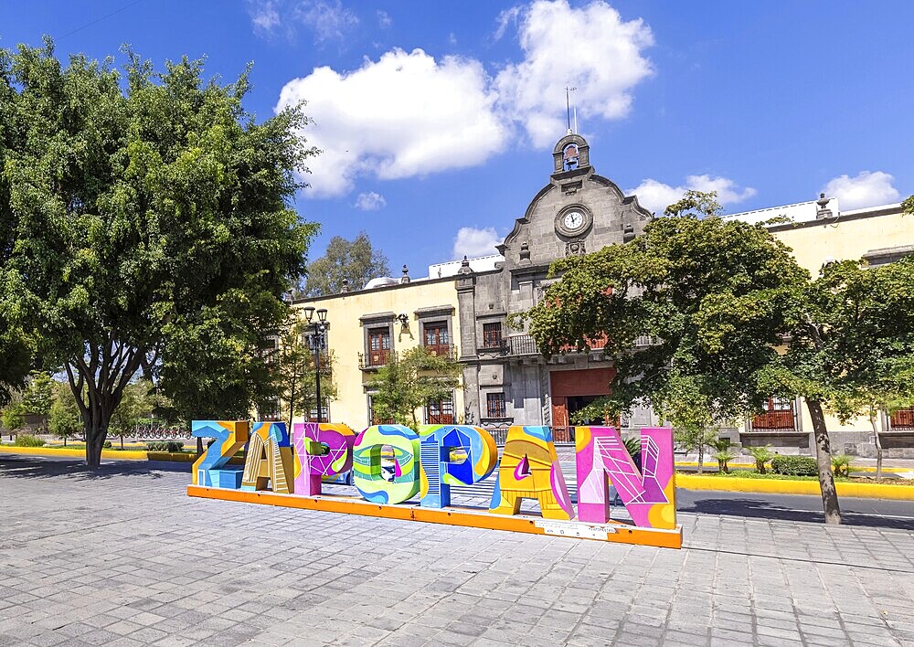 Zapopan, Jalisco, Mexico, 10 September, 2021: Colourful letters of Zapopan central plaza in historic city centre near Zapopan Cathedral Basilica, Central America