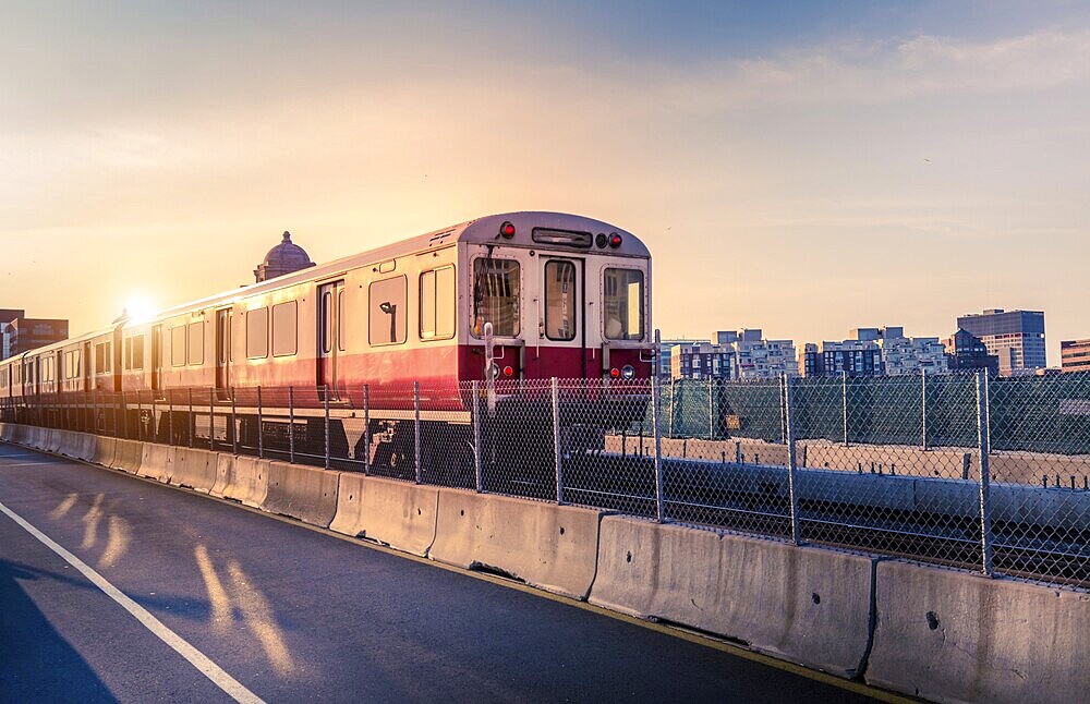 Boston subway lines, train crossing Longfellow bridge over scenic Charles river