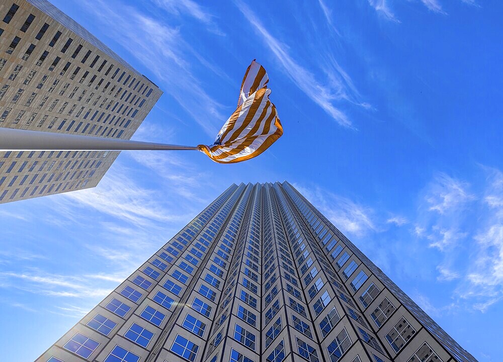 American flag in Miami downtown financial centre near Biscayne bay and South beach