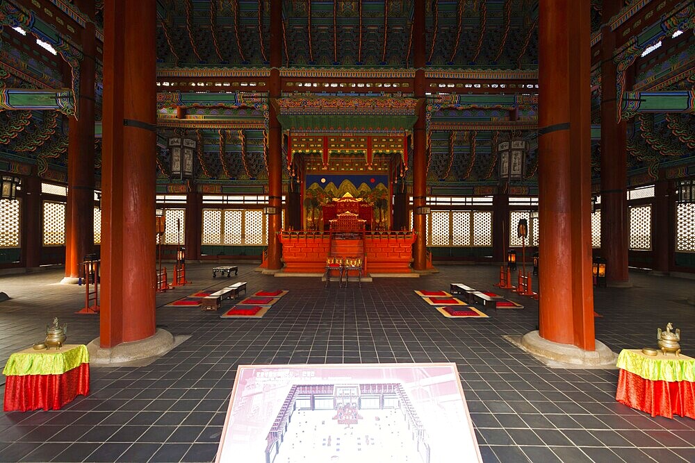 The Geunjeongjeon throne hall is displayed to demonstrate daily life at Gyeongbokgung Palace, a national landmark in Seoul, South Korea, Asia