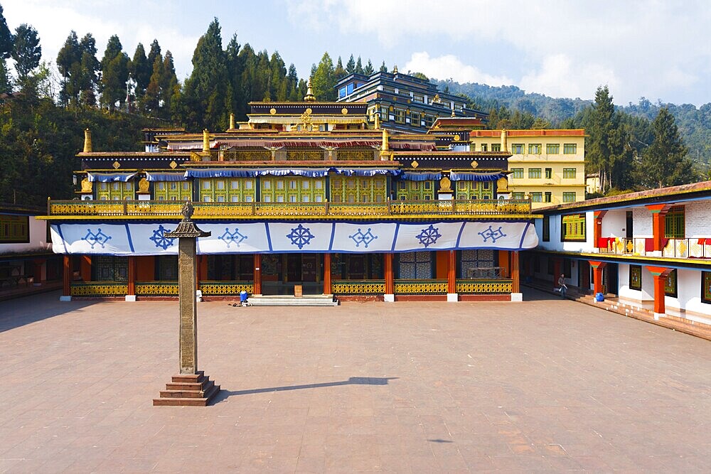 The empty courtyard of the Rumtek monastery, a tourist attraction and home of the Karmapa and Karma Kagyu order of Buddhism located in Gangtok, Sikkim, India, Asia