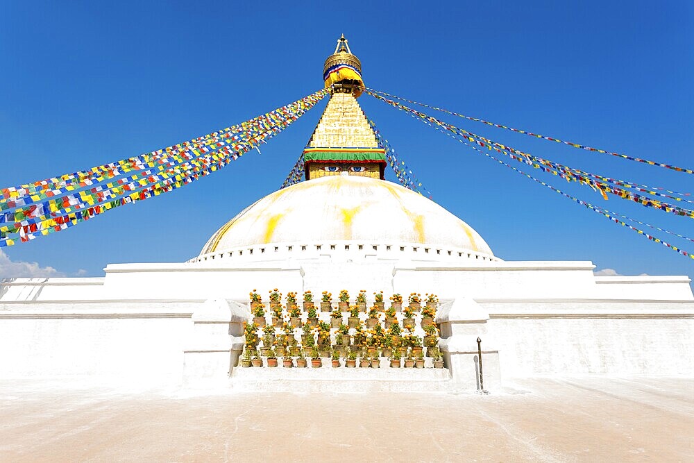 Eyes on white second level of Boudhanath Stupa in Kathmandu, Nepal on October 23, 2013. Horizontal