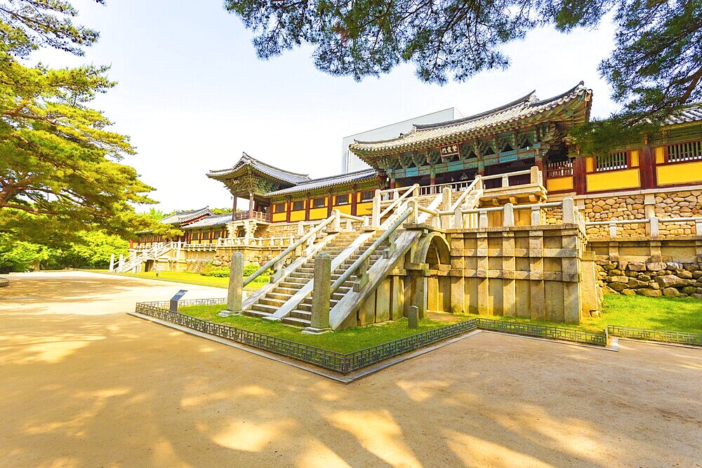 Blue Cloud and White Cloud Bridges, Baegungyo, Cheongungyo in foreground with Lotus Flower and Seven Treasures Bridge, Chilbogyo, Yeonhwagyo behind at Bulguksa Temple in Gyeongju, South Korea, Asia