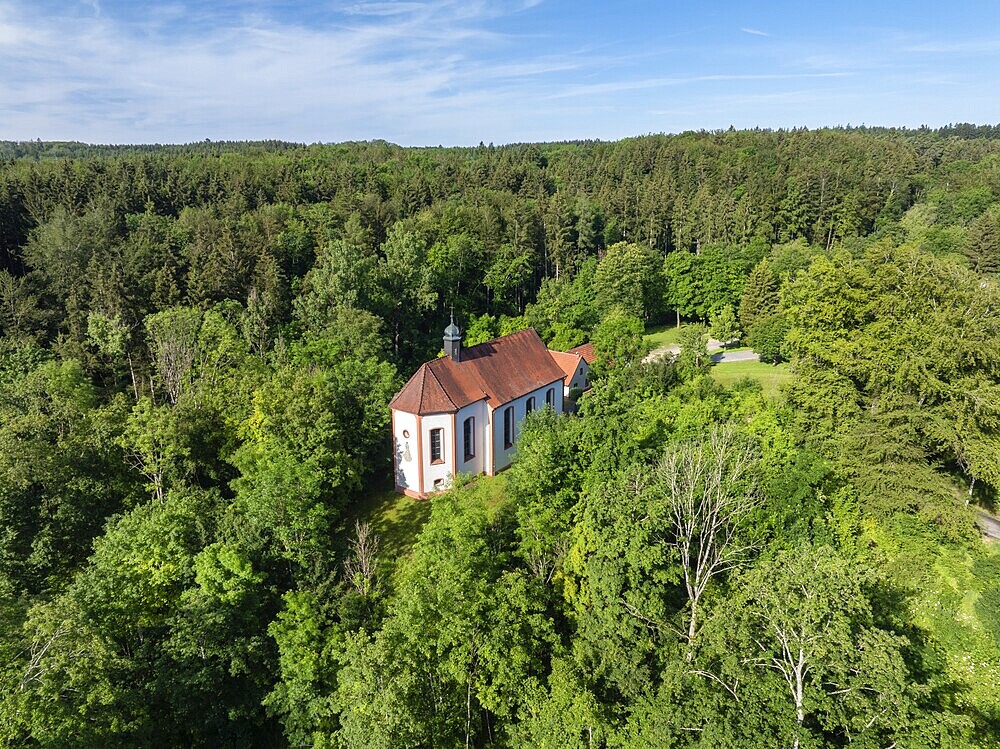 Aerial view of the Schenkenberg Chapel built in 1722, a pilgrimage chapel in a forest near Emmingen-Liptingen, district of Tuttlingen, Baden-Württemberg, Germany, Europe