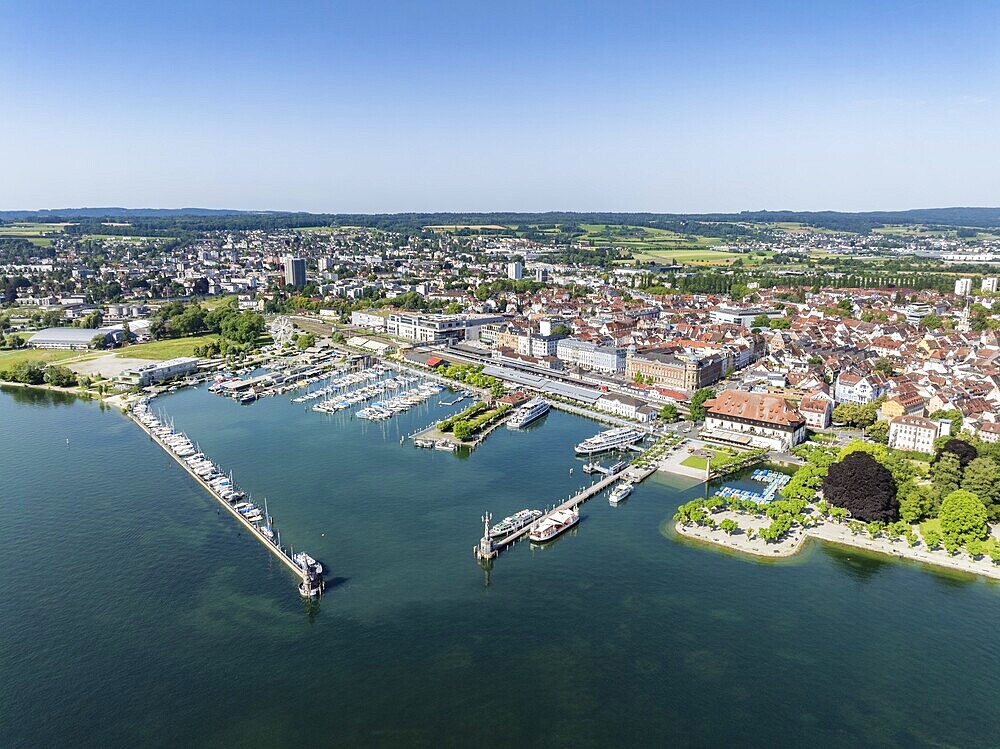 Aerial view of Lake Constance and the city of Constance with Constance harbour, district of Constance, Baden-Württemberg, Germany, Europe