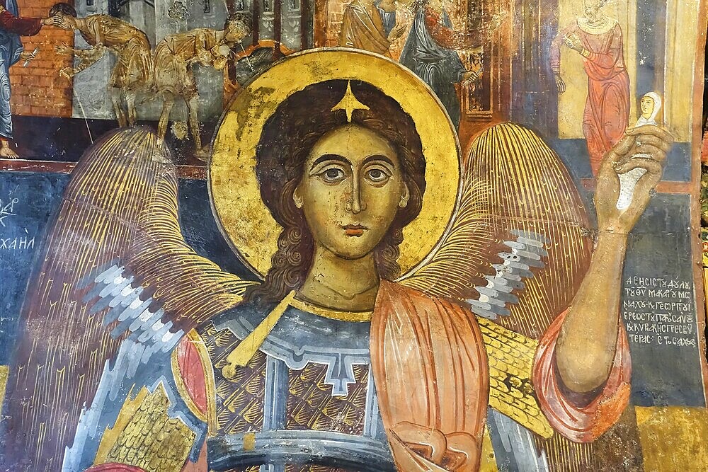 Antique fresco of an angel with halo and iconic details, Asklipio village, Asklipion, Kimisis tis Theotokou church, Rhodes, Dodecanese, Greek Islands, Greece, Europe