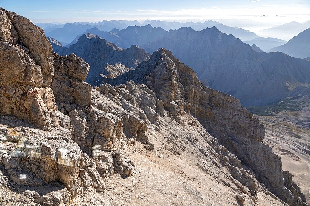 View from the Zugspitze, Wetterstein range, Upper Bavaria, Bavaria, Germany, Europe