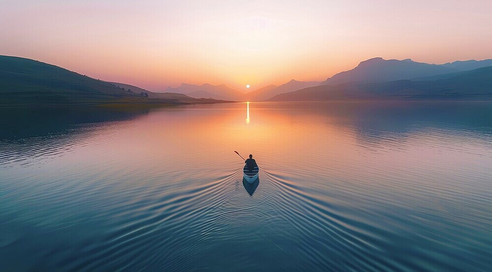 A kayak is in the lake with the sun setting in the background. Serenity and tranquility, AI generated