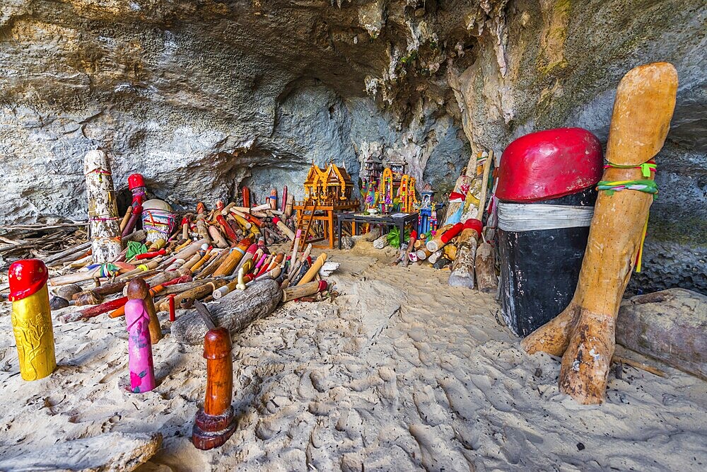 Princess cave at Phra Nang beach near Krabi, fertility, fertility temple, penis, dildo, penis grotto, phallus, phallus symbol, symbol, religion, pilgrimage site, faith, superstition, place, pilgrimage, Buddhism, Buddhist, cave, statues, sculpture, replica, Eros, symbolic, tradition, traditional, pilgrimage, travel, tourism, culture, figure, Krabi, Thailand, Asia