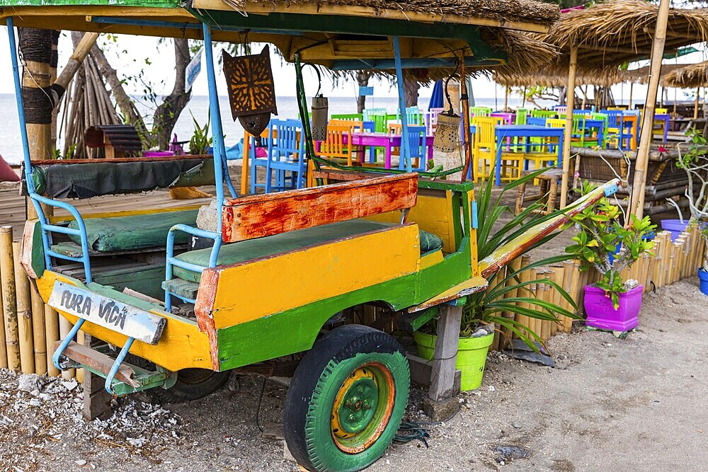 Traditional horse-drawn carriage as taxi, island, culture, everyday life, street scene, work, trade, transport, Gili Air, Indonesia, Asia