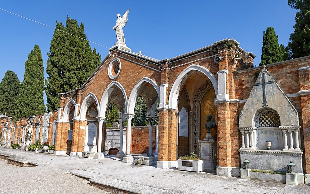 Gate with graves at the central cemetery of Venice, cemetery island of San Michele, Venice, Italy, Europe