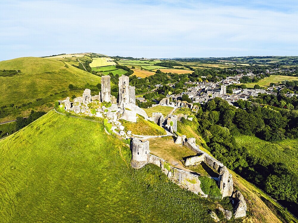 Ruins of Corfe Castle from a drone, Corfe Village, Purbeck Hills, Dorset, England, United Kingdom, Europe