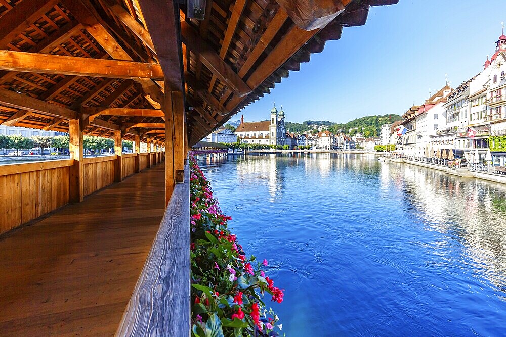 Chapel Bridge town on the river Reuss with bridge in Lucerne, Switzerland, Europe