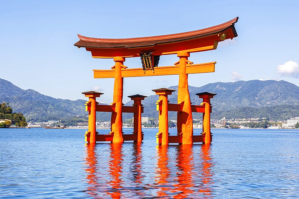 Famous red wooden torii gate UNESCO World Heritage Site on the island of Miyajima, Japan, Asia