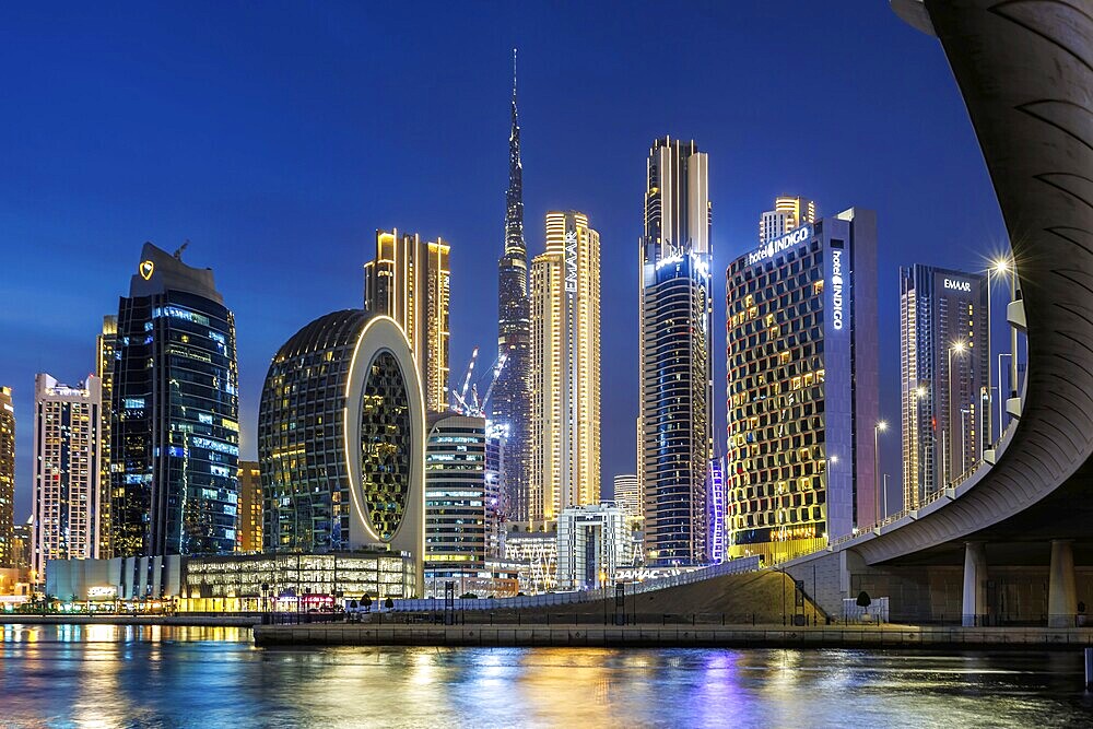 Dubai Burj Khalifa skyline tallest building in the world downtown at night in Dubai, United Arab Emirates, Asia