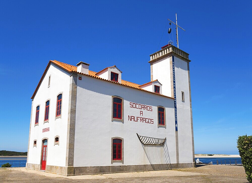 A white and red building with a tower by the sea under a clear blue sky, lighthouse, Esposende, União das Freguesias de Esposende, Marinhas e Gandra, Norte, Portugal, Europe