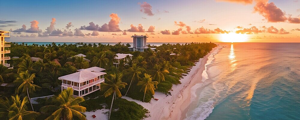 Aerial view of real estate beach resort at the Caribbean coast, AI generated