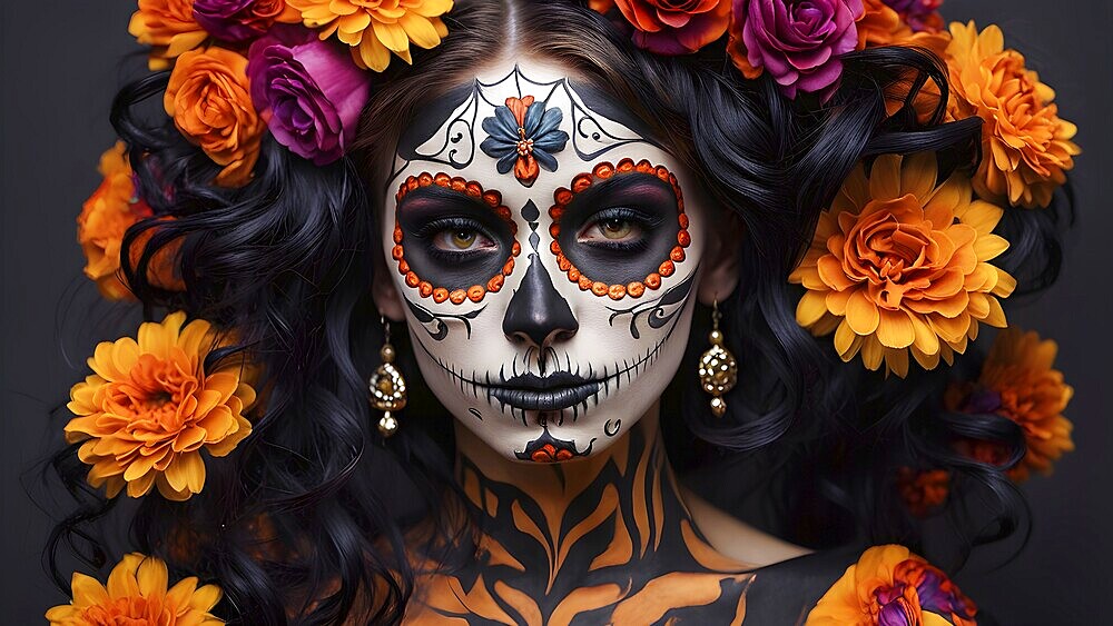 Woman in an extravagant dia de los muertos costume and a vibrant face makeup, AI generated