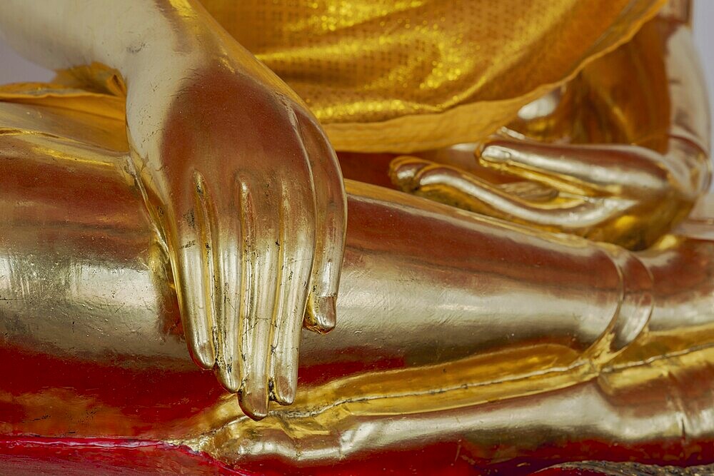 Gilded Buddha statue, Bhumispara-mudra, Buddha Gautama at the moment of enlightenment, Wat Pho, Bangkok, Thailand, Asia