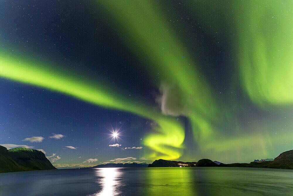 Northern Lights, (Aurora borealis) at a fjord near Skjiervoya, September 2024, Lapland, Finnmark, Norway, Europe