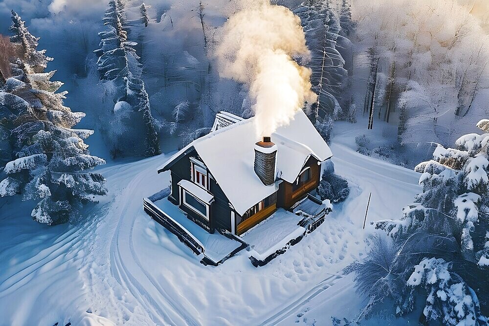 Snow-covered cottage with smoke from the chimney in a cozy and serene winter scene, AI generated