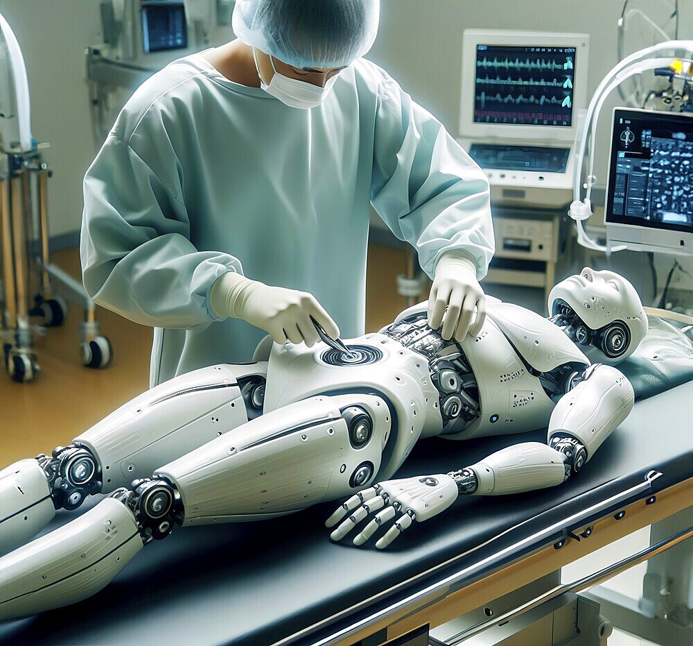 A humanoid robot lies on a hospital table and is repaired by a surgeon, cybernetics, AI generated, AI generated