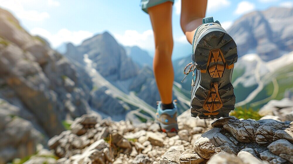 Looking down at blue hiking boots on a rocky mountain trail with a mountain in the background, AI generated