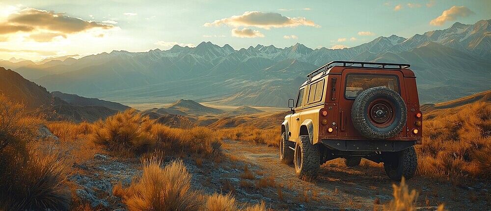 SUV parked on a rugged terrain with mountains in the background under a golden sunset, AI generated