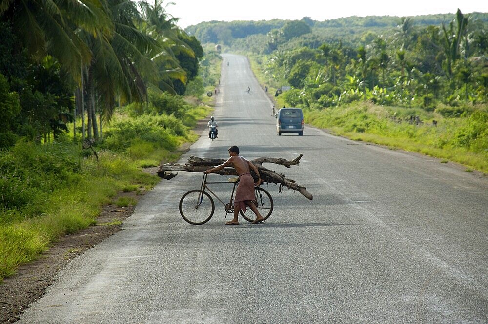 Man with a loaded bicycle crosses a highway Cambodia