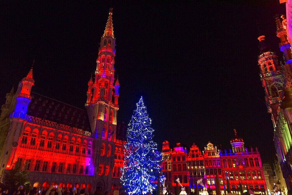 2018 Light show of Christmas market at City Hall, Grand-Place, Brussels, Belgium, Europe