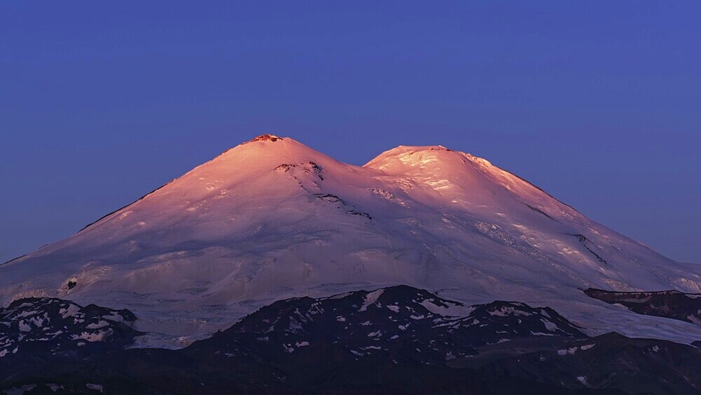 Beautiful view of Mount Elbrus at sunrise, North Caucasus mountains, Russia, Europe