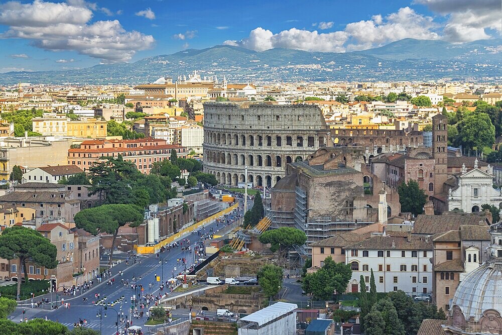 Rome Italy, high angle view city skyline at Roman Forum and Rome Colosseum