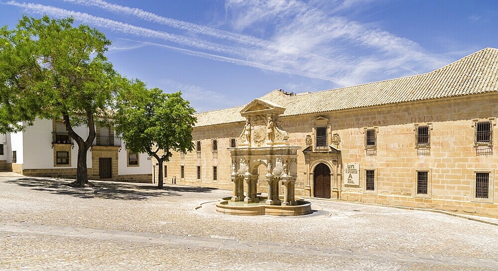 Fountain Fuente de Santa Maria in front of University, Universidad Internacional de Andalucía, Plaza de Santa Maria, Baeza, UNESCO World Heritage Site, Andalusia, Spain, Europe