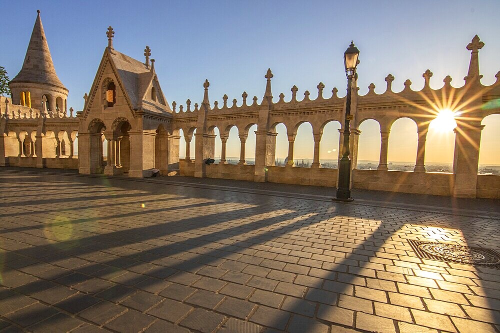 Old historic fortress and church at sunrise. City panorama at dusk. View of the Danube Fishermen's Bastion, Halászbástya, Budapest, Hungary, Europe