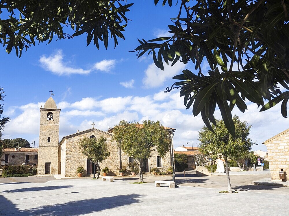 Village square with church, San Pantaleo, Sardinia, Italy, Europe