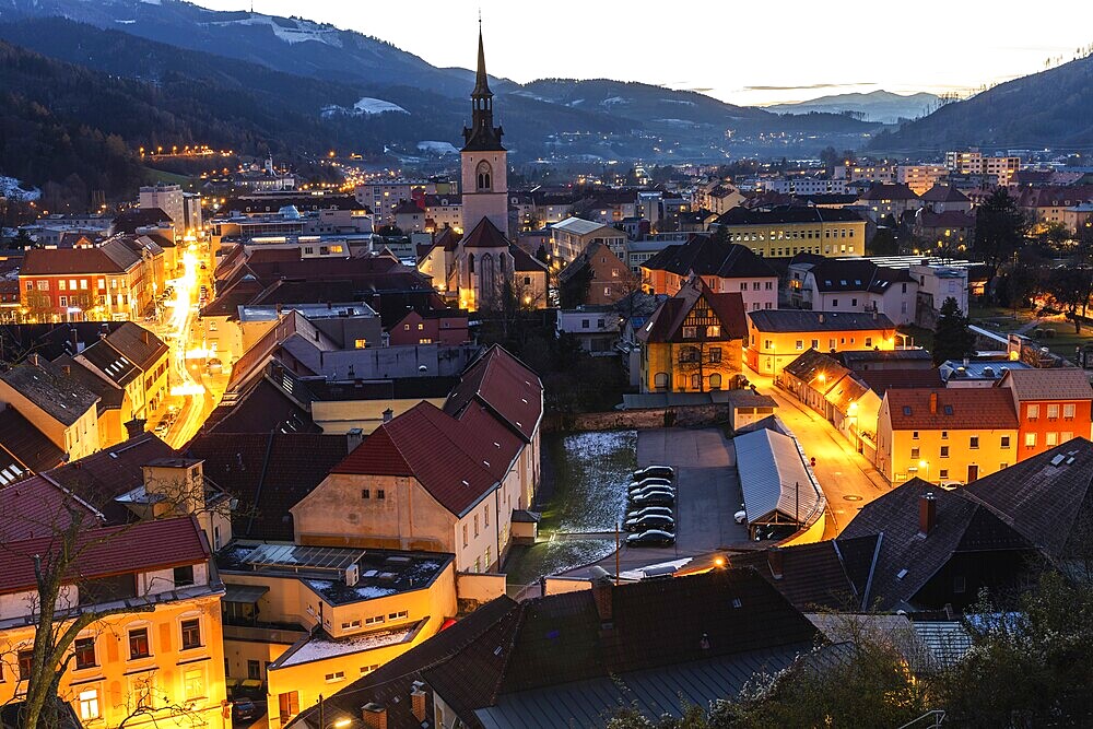Evening atmosphere, view of the town from the Schlossberg, Bruck an der Mur, Styria, Austria, Europe
