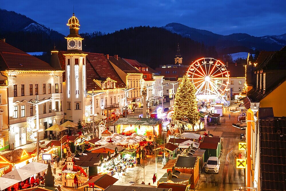 Christmas market on the main square of Leoben, blue hour, Styria, Austria, Europe