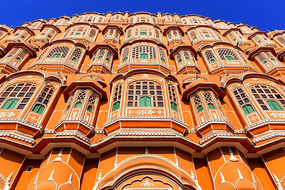 At the bottom of the facade, Hawa Mahal, the Palace of Breeze, Jaipur, Rajasthan, India, Asia