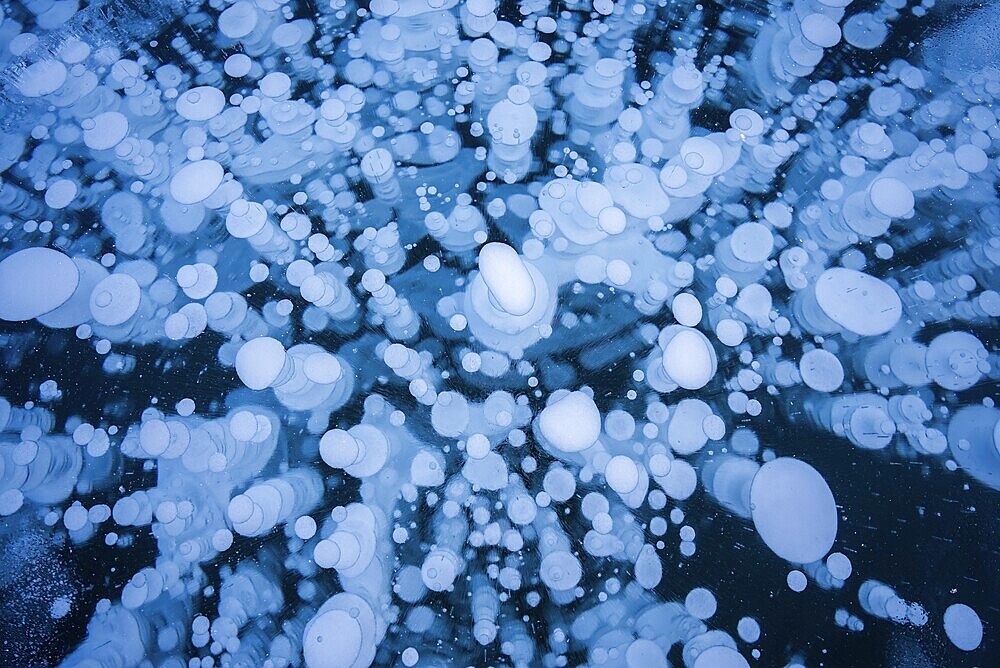 A mesmerizing view of numerous frozen bubbles captured in a thick layer of ice on a lake, creating a unique and abstract natural pattern, Canadian Rockies